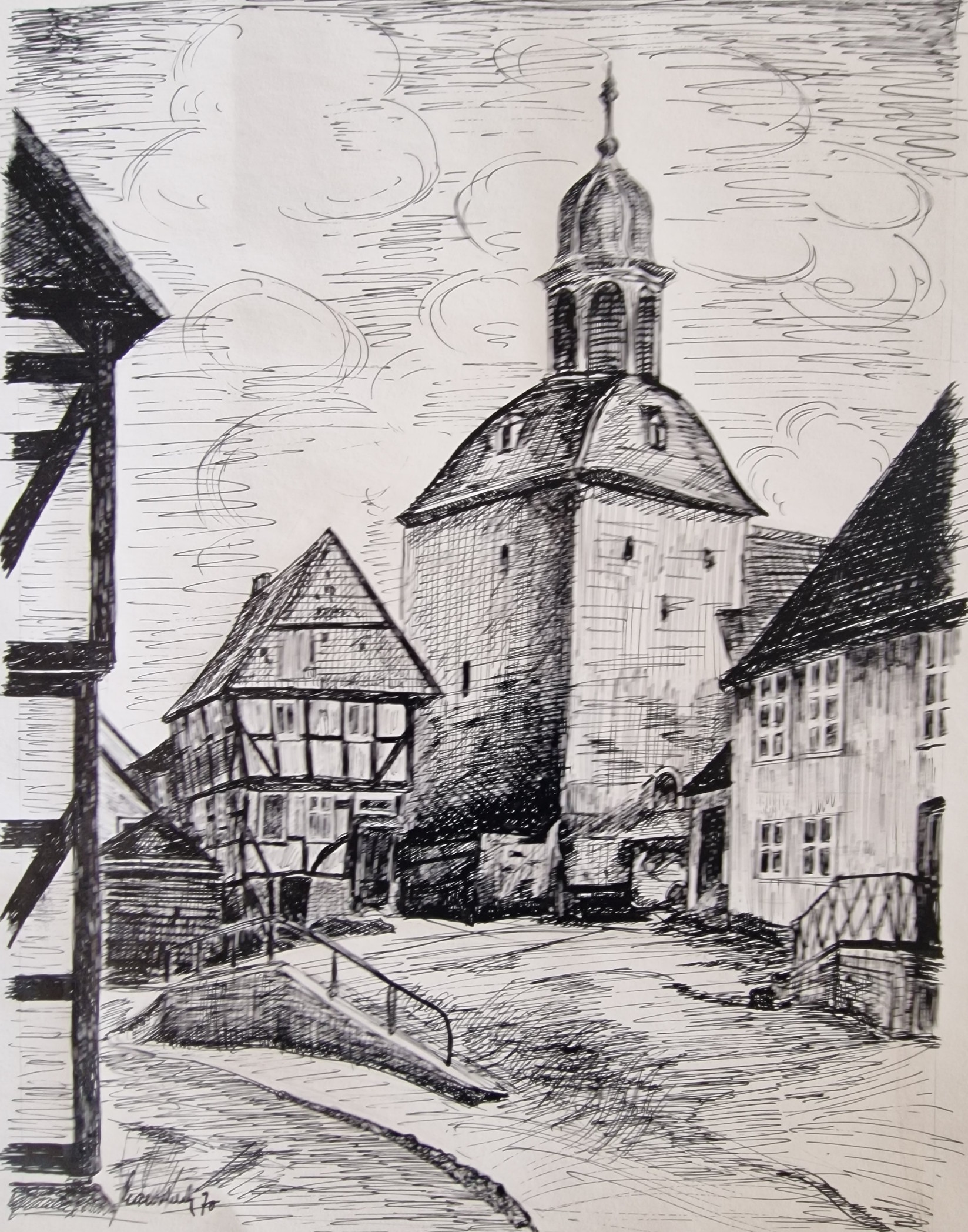 Kirche alte Ansicht mit Vorplatz und Schule (Majorchik 1970)